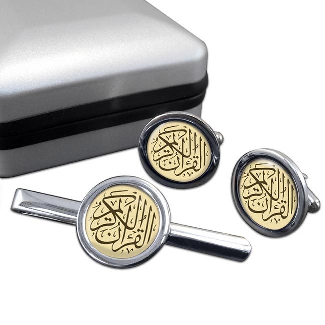 The Glorious Quraan Round Cufflink and Tie Clip Set